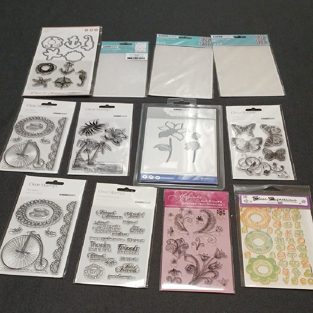 Lot Of 12 Packages Mostly Kaisercraft Dies, Clear Stamps And Embossing Folders